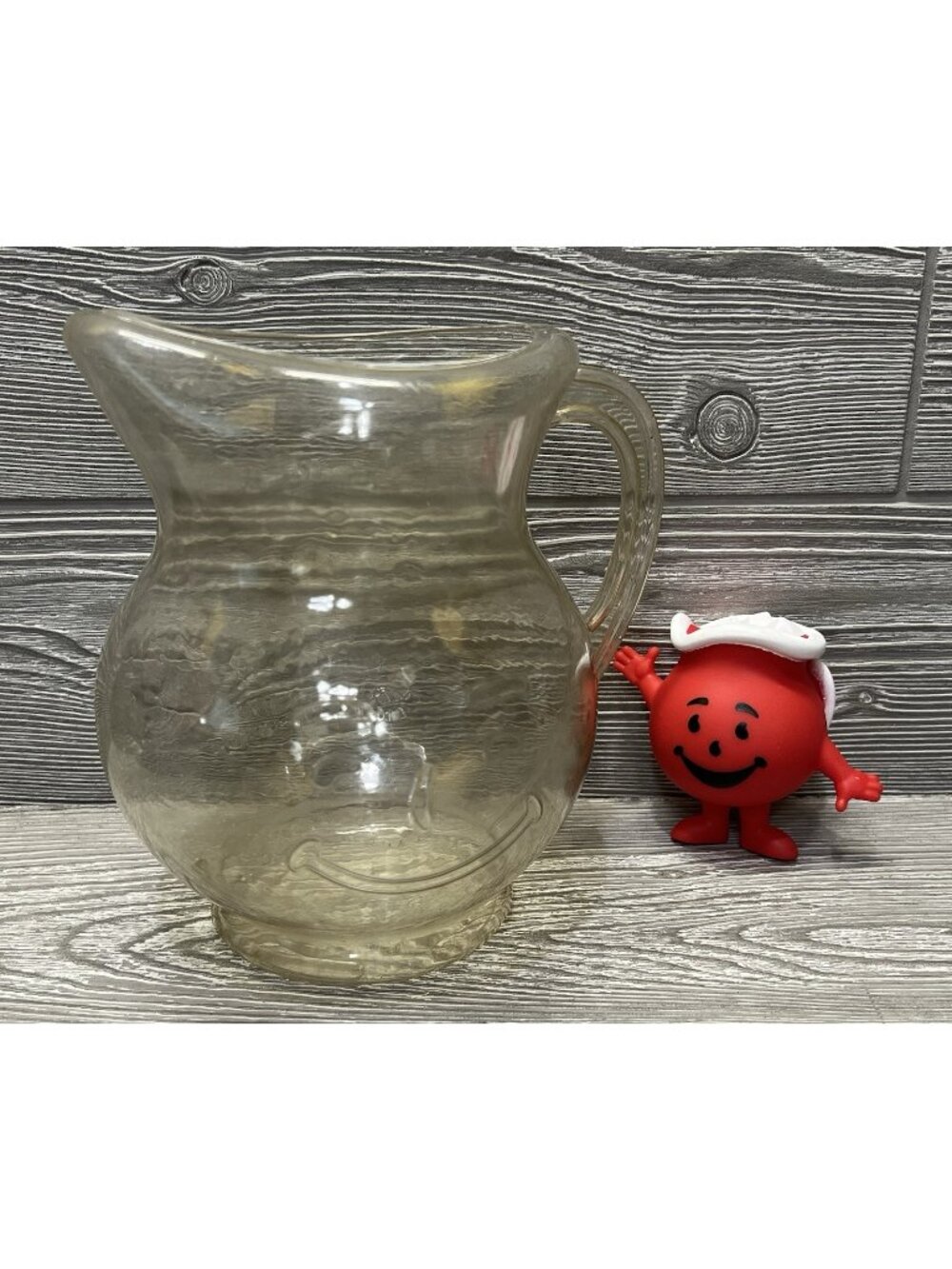 Vintage 1980's Kool Aid Man 2 Quart Clear Plastic Pitcher and Small Toy Figure